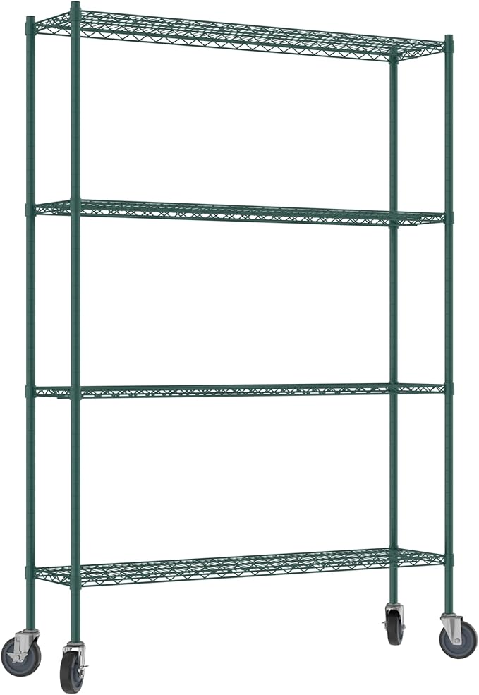 Commercial NSF Listed Green Epoxy Mobile Wire Shelving Kit 14 x 54 x 80 with 4 Shelves Perfect for Warehouse Walk-in Refrigerator Freezer Grocery Store Restaurant Dishroom