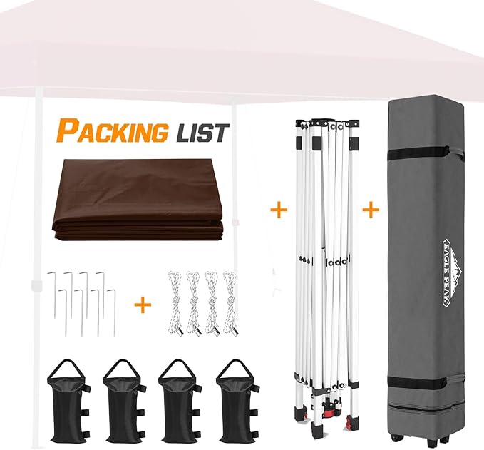 EAGLE PEAK Pop Up Canopy Tent with Wheeled Carry Bag 8 Stakes 4 Ropes 4 Weight Bags Easy Set Up Tent Canopy 10x10 ft 100sqft of Shade Brown