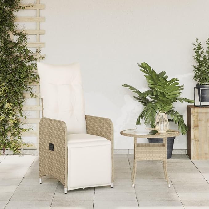 Beige Adjustable Reclining Garden Chair PE Rattan Lounge 23x21.5x36.2 Inches Powder-Coated Steel Frame Recliner Patio Seat for Balcony Yard Terrace