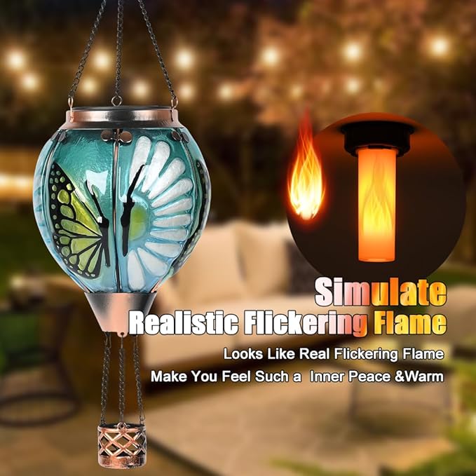 Hot Air Balloon Solar Lantern - Butterfly Stained Glass Lantern Simulated Flickering Dancing Flame Outdoor Hanging Yard Light Waterproof IP65 for Patio Lawn Porch Decor Gift