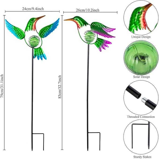 Hummingbird Solar Garden Stakes Lights 2 PackSolar Hummingbird Bird Figurine Outdoor Lights for Spring Garden Pathway Lawn Yard Decoration