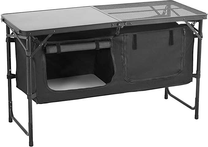 VEVOR Camping Kitchen Table Folding Outdoor Cooking Table 3 Adjustable Heights Aluminum Lightweight Portable Cook Station with Storage Organizer Carry Handle for BBQ Party Picnic RV Travel Black