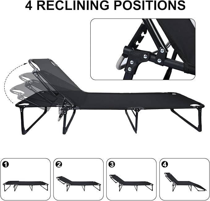 Camping Cots for Adults Adjustable 4-Position Reclining Folding Chaise with Pillow Load Capacity 200kg Outdoor Lounge Chair Sleeping Cot Bed for Office Pool Beach Patio 75cm