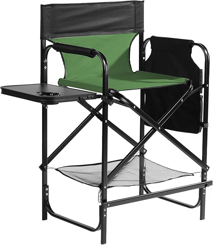Tall Camping Directors Chair 26 Portable Folding Artist Makeup Chair with Side Table Pocket Footrest Concert Outdoor Foldable Camp Lawn Chairs (Olive-a)