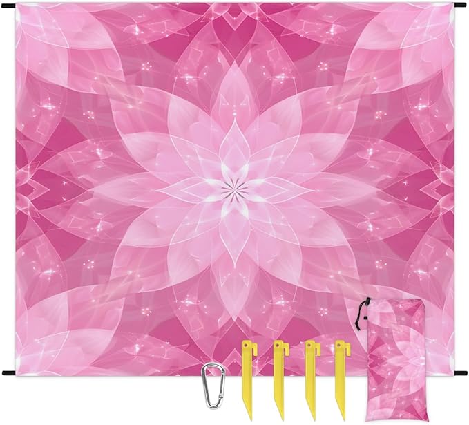 Waterproof Sandproof Beach Blanket 59''×68'' Floral Pattern Polyester Outdoor Picnic Blanket with 4 Stakes &amp Storage Bag for BeachCampingVacation Purplish-Pink
