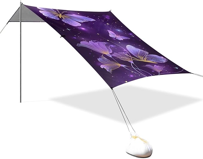 ALAZA Purple Butterfly Calla Lily Beach Tent Sun Shelter UPF50+ Protection Beach Shade Canopy w/ 4 Sandbags for Outdoor Camping Fishing Backyard Fun Picnic 10x9 ft