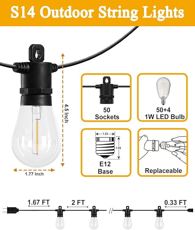 Outdoor String Lights 100FT Patio With 54 S14 Vintage Waterproof &amp Shatterproof LED Bulbs 2700K Hanging for Outside Backyard Cafe Garden Bistro (2Pack 50FT)