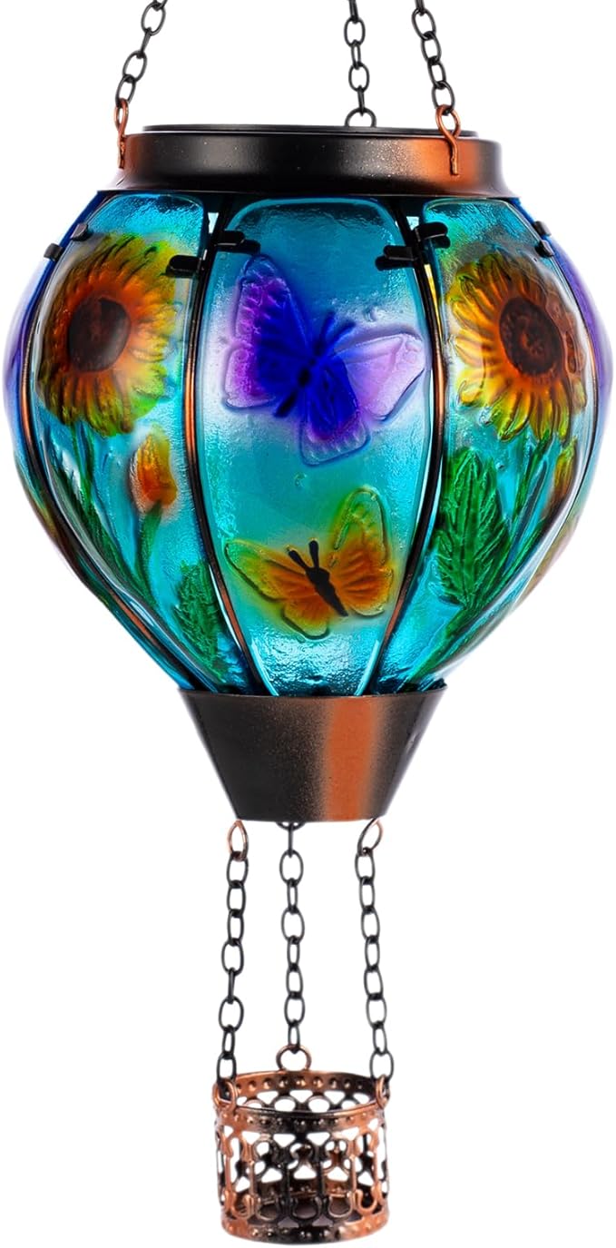 Hot Air Balloon Solar Lantern Butterfly Solars Powered Hot Air Balloon Lantern Outdoor Waterproof Glass Hanging Hots Air Balloons Solar Light for Outdoor Patio Garden Decor