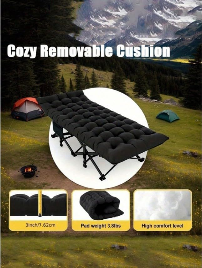 Folding Camping Cot with Mattress Portable Bed for Adults Comfortable Sleeping Solution for Indoor Outdoor Travel Home Office Use with Carry Bag (Black)