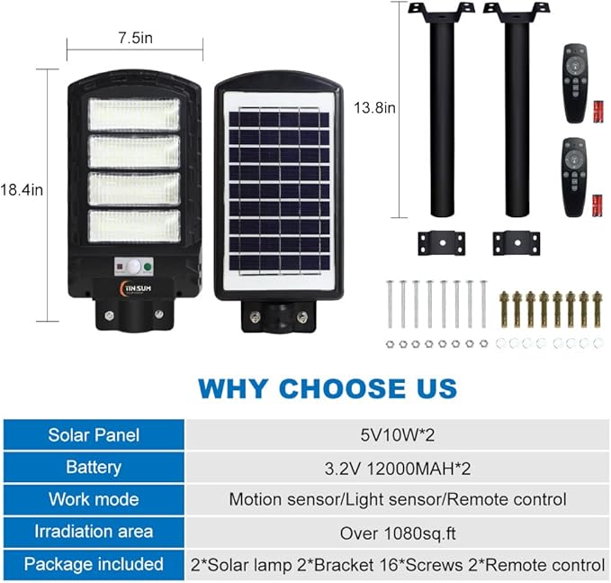 2 Pack Solar Street Light Outdoor200w 6000LM Solar Motion Flood Lights IP66 Waterproof Dusk to Dawn Led Remote Control for GardenPaking LotPoleBarnWall Lighting