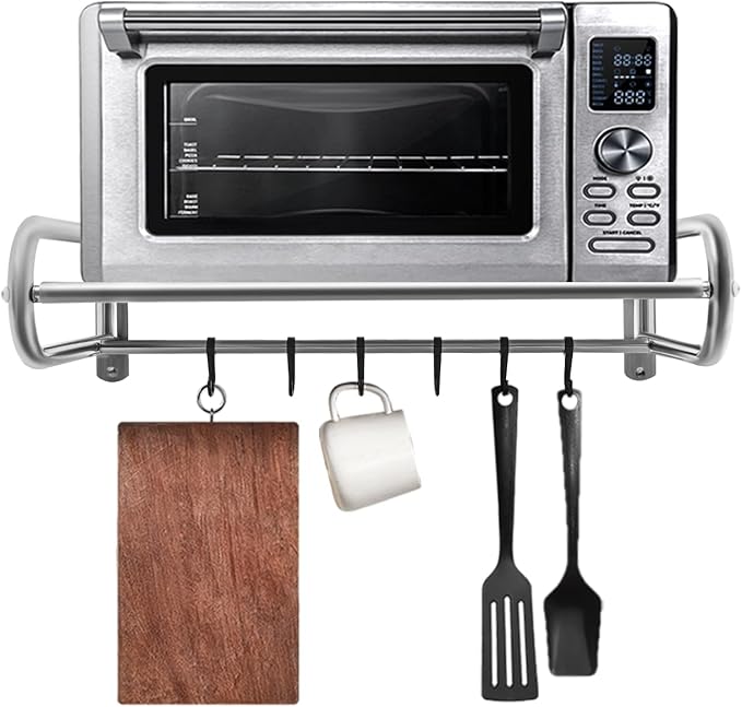 Microwave Oven Shelf Wall Mount Stainless Steel Over The Stove Bracket Holder with 6 Hooks Microondas Rack for Dorm Apartment Kitchen Bedroom W20.8 X D14.9 X L7.1in