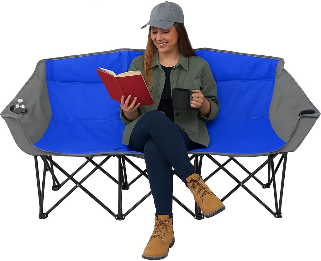 GoTEAM! Portable Folding Bench Couch – 3 Seat Collapsible Outdoor Chair with Cup Holders &amp Carry Bag – Heavy Duty 600D Nylon for Camping Sports Tailgating Beach &amp Backyard (Blue/Gray)