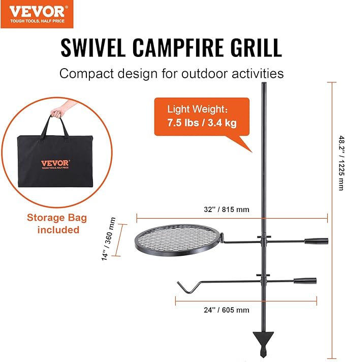 VEVOR Swivel Campfire Grill Fire Pit Grill Grate over Fire Pits Heavy Duty Steel Grill Grates 360° Adjustable Open Fire Outdoor Cooking Equipment Portable Camp Fire Racks for Camping Outdoor BBQ