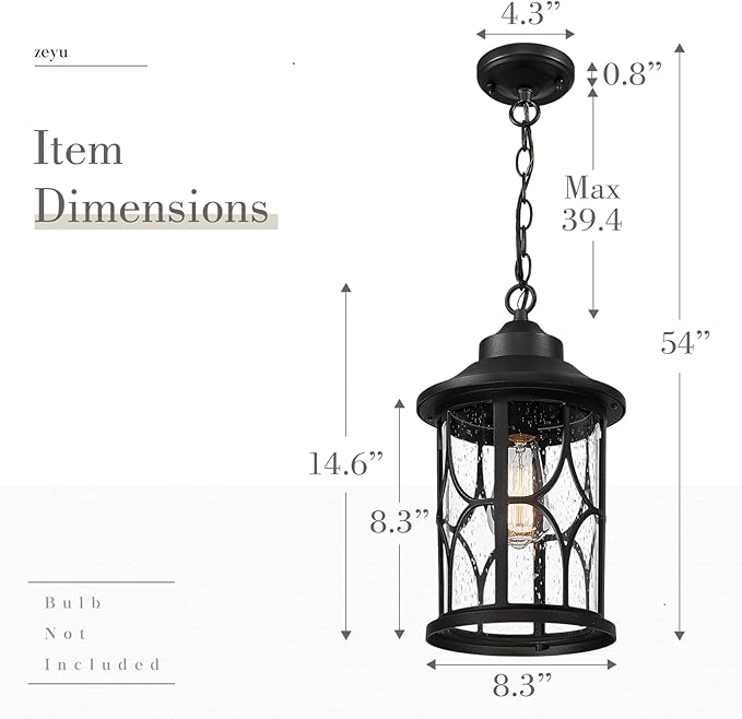 zeyu Outdoor Hanging Light Fixture - 15 Inch Farmhouse Exterior Pendant Light Fixture for Porch with Seeded Glass Black Finish ZX48MH BK