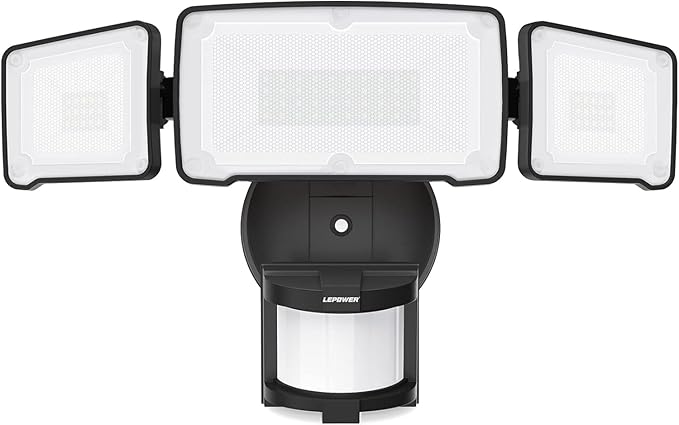 LEPOWER LED Motion Sensor Security Lights 3 Head Motion Detected 38W 4200LM Waterproof IP65 5500K Full Metal for Outdoor Garage Porch Yard (Black)
