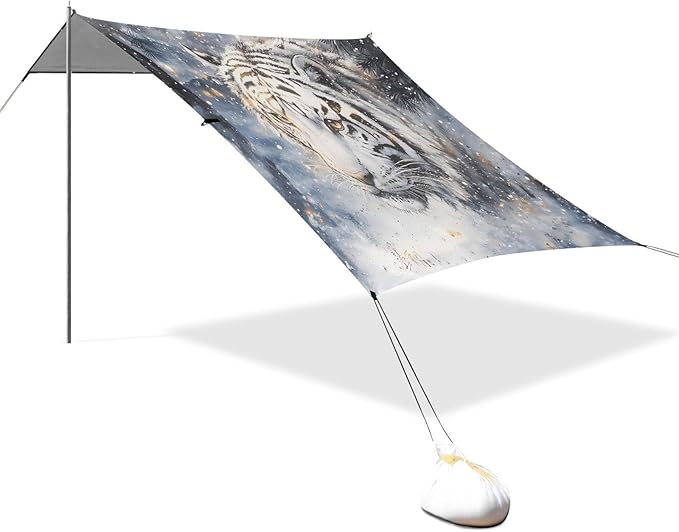 ALAZA White Tiger Beach Tent Sun Shelter UPF50+ Protection Beach Shade Canopy w/ 4 Sandbags for Outdoor Camping Fishing Backyard Fun Picnic 10x9 ft