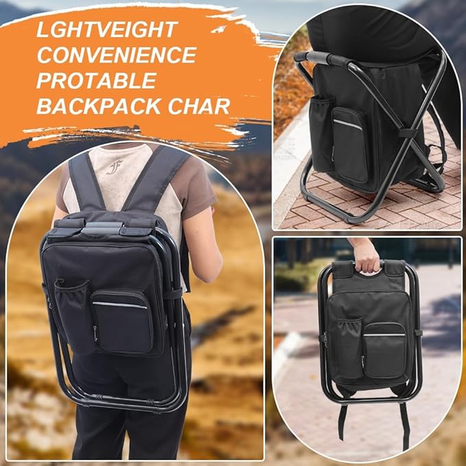 Portable Folding Camping Stool Backpack with Cooler Bag Hiking Seat Outdoor Fishing Hunting Gifts Black