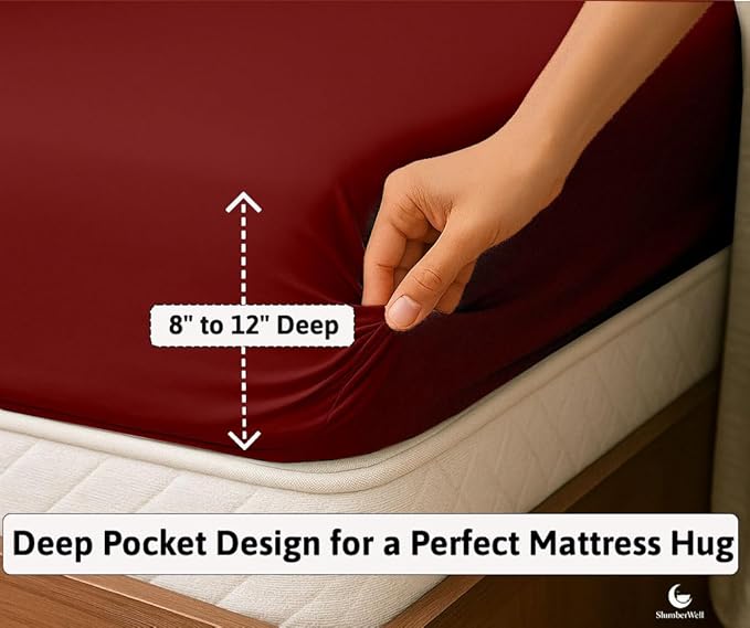 SlumberWell 4 Piece Luxury Soft Microfiber Fitted Bed Sheet Set for Campers RV 8 to 12 Inch Deep Pocket Olympic Queen 66 x 80 Burgundy