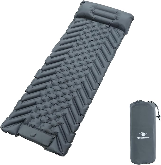 Camping Sleeping Pad Inflatable Ultralight Camping Mat with Pillow Built-in Foot Pump Air Mat for Traveling Tent Camping Hiking Backpacking (Gray)