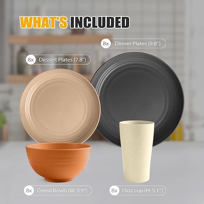 Teivio 32-Piece Kitchen Plastic Wheat Straw Dinnerware Set Service for 8 Unbreakable Plates Bowls and Cups Set Farmhouse Outdoor Camping Dishes for Rustic Life/Country/Vintage Saddle Ombre