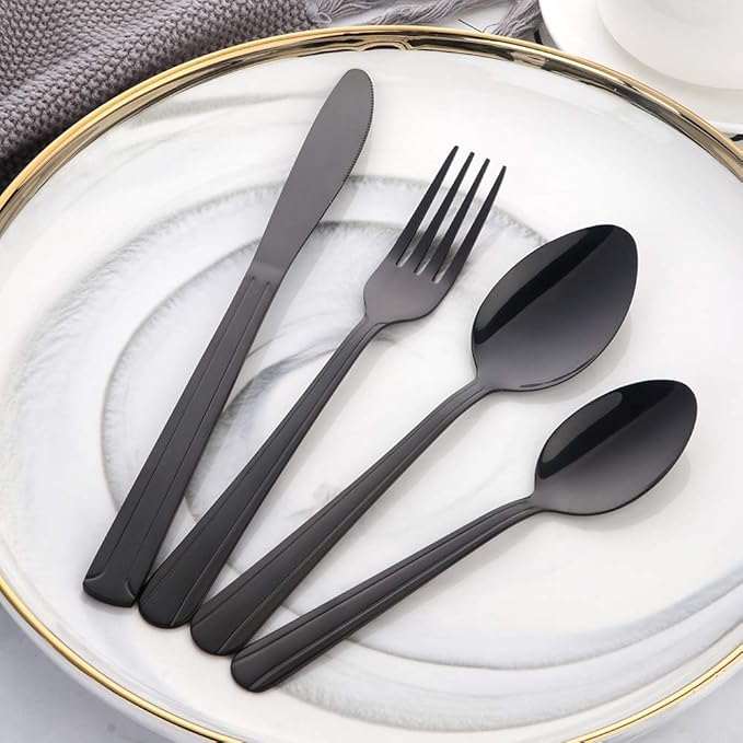 Buyer Star 24-Piece Black Silverware Flatware Set Stainless Steel Travel Eating Utensil for Picnic Camping Service for 6 Dishwasher Safe