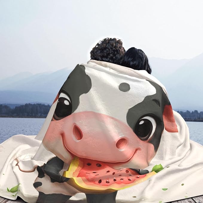Little Cow Eating Watermelon Soft Fleece Blanket 60 * 50 inch Soft Sofa Blanket Suitable for Sofa Camping Travel Night Cover Blanket