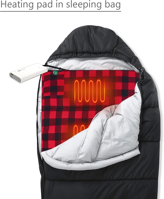 Heated Sleeping Bag pad Heated Sleeping Bag Liner 5 Heating Zones Operated by 5V/3A Type-C Battery Power Bank (Battery NOT Included) or Other Type-C Power Supply. Type-C.