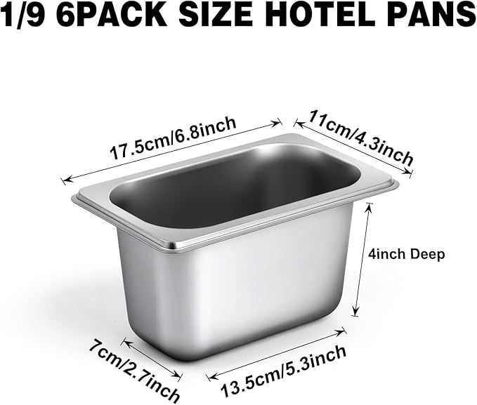 West Bay 6 Pack 1/9 Size Hotel Pan with Lids 4'' Deep Steam Table Pan with Lid 5.3'L x 2.7''W Stainless Steel Pans for Home Party Hotel Buffet