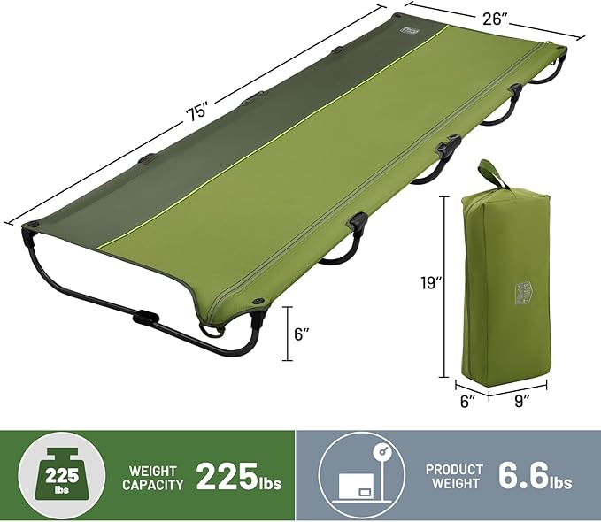 TIMBER RIDGE 20-Second Quick Set-Up Camping Cot Lightweight Aluminum Folding Cot Low Profile with Zipper Closure Portable Carry Bag for Camping Travel and Outdoors Support up to 225lbs Green