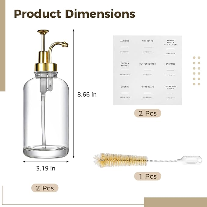 2 Pcs Glass Coffee Syrup Dispenser with Pump 8.66 in Tall 2 Gold Pumps Includes Labels Brush and Funnel Syrup Bottles