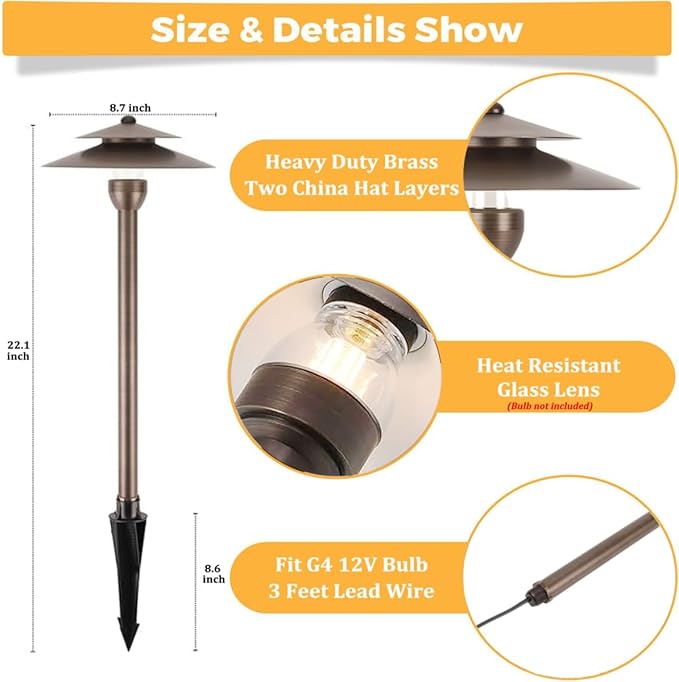 Low Voltage Pathway Lights Solid Brass 12v Walkway Light IP65 Waterproof Double Hat-Top Landscape Lighting for Yard Lawn Patio Driveway Outside Garden 2 Pack（Without Bulb）