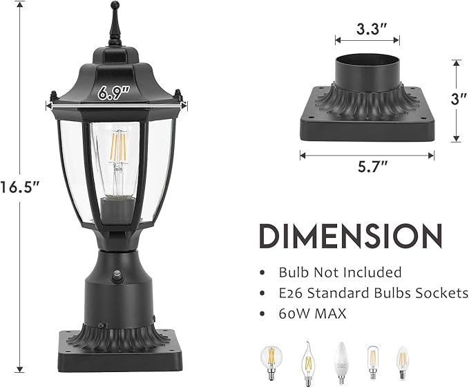 Dusk to Dawn Outdoor Post Lights Waterproof Aluminum Black Post Lamp Fixture Anti-Rust Posts Outdoor Light Lantern for Yard Patio Garden Pathway