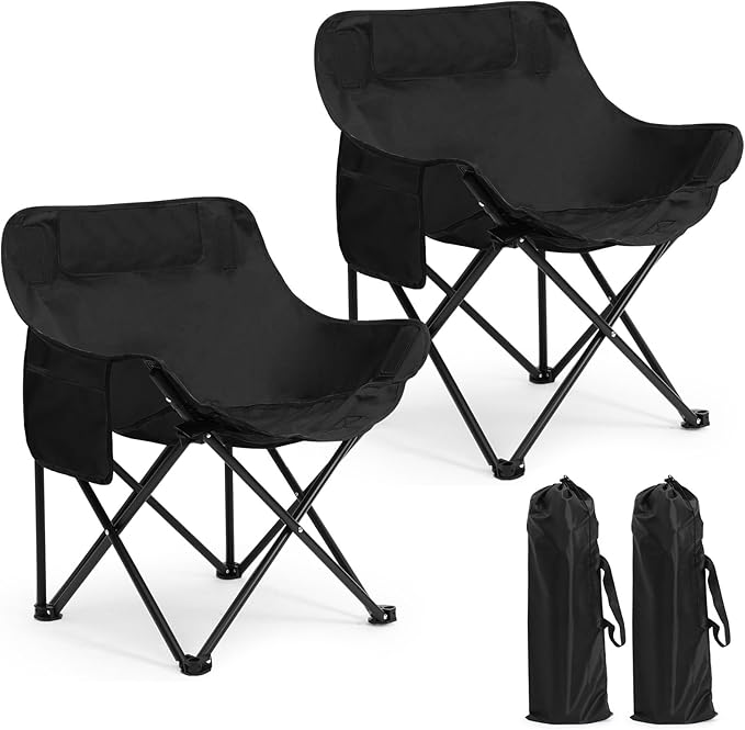 2 Pack Compact Camping Chairs Portable Folding for Outside with Carry Bag Lightweight Moon Chairs for Travel Picnic Hiking Beach Fishing 600D Oxford Supports 330lbs(Black)