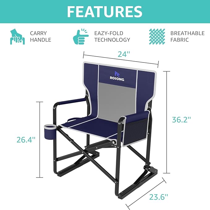 Rocking Camping Chair Rocker Folding Chair Lawn Chairs with Cup Holders Foldable Outdoor Freestyle Navy Blue
