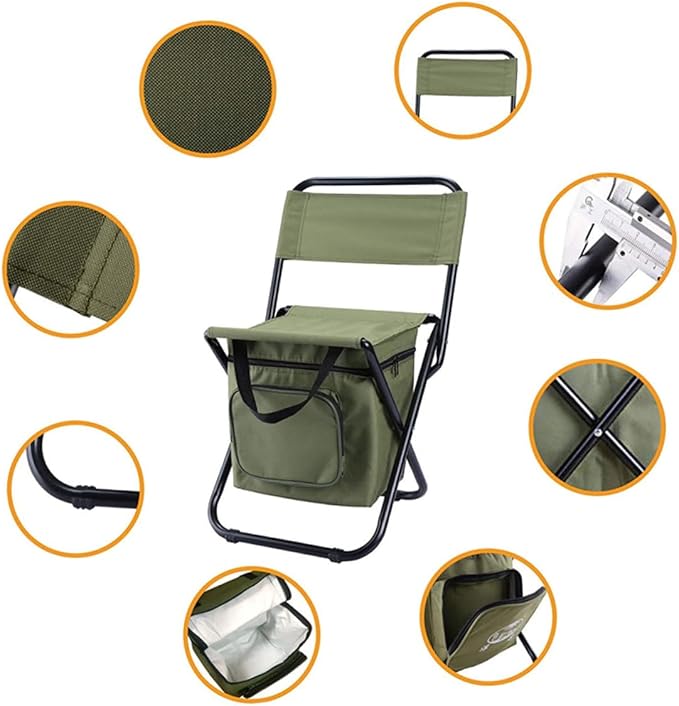 BESPORTBLE 1Pc Folding Fishing Chair with Insulated Cooler Bag Portable Outdoor Camping Chair with Storage and Backrest Durable Lightweight Easy to Carry for Fishing Hiking and Beach Use