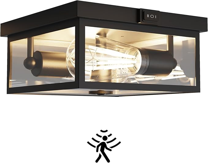 Outdoor Ceiling Light with Motion Sensor Flush Mount Porch Light Exterior Light Fixture with Clear Glass Dusk to Dawn 2-Light Fixture for PatioPorch (8.5 in)