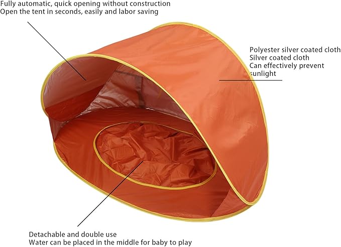 Pop Up Beach Tent Portable Sun Shelter with UV50+ Protection and Built in Baby Pool for Infant Toddlers Outdoor Camping Beach Picnic Easy Set Up (Orange)
