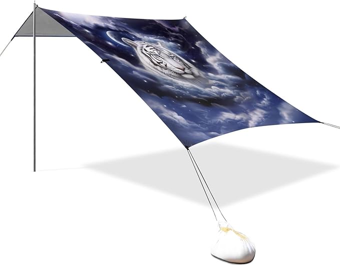 ALAZA Tiger Moon Beach Tent Sun Shelter UPF50+ Protection Beach Shade Canopy w/ 4 Sandbags for Outdoor Camping Fishing Backyard Fun Picnic 10x9 ft