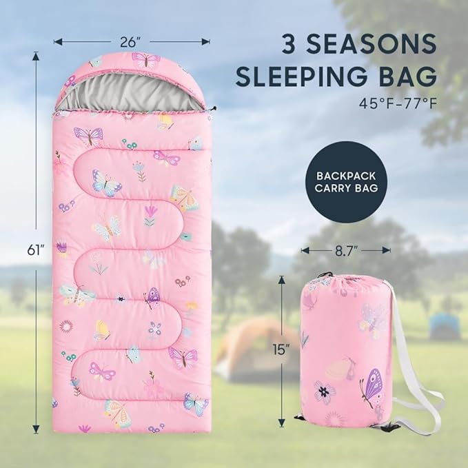 Wake In Cloud - Kids Sleeping Bag for Girls Toddlers Camping in Warm Cold Weather Backpacking Lightweight Compact Outdoor Liner for 3 Seasons Butterfly Garden Flowers