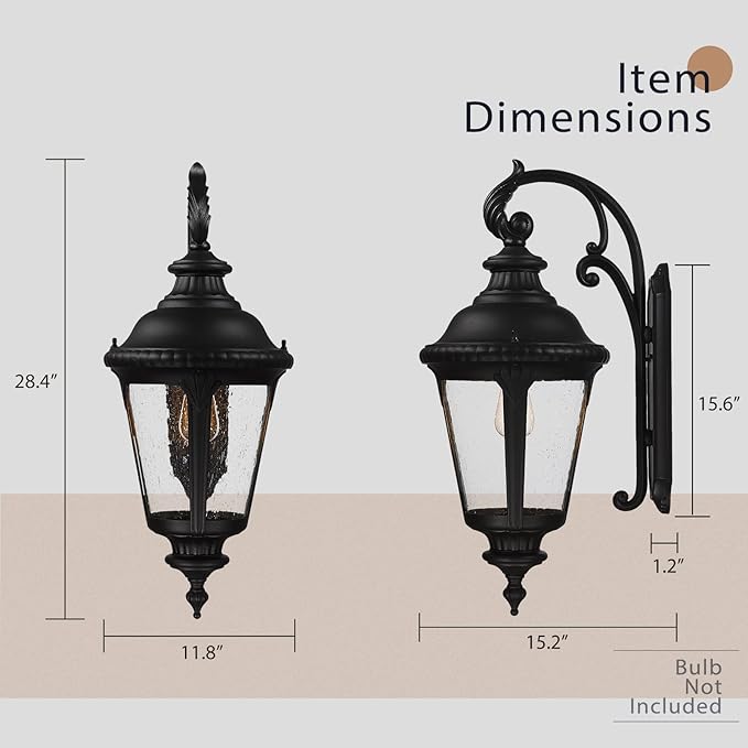 Emliviar Farmhouse Outdoor Light Fixtures Wall Mount 28.4 Inch Large Outside Lamp for Porch Outdoor Carriage Light with Seeded Glass Black Finish XE265B BK
