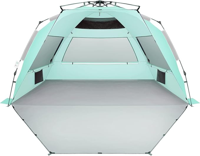 Oileus XX-Large Pop Up Beach Tent Sun Shelter for 5-6 Person Portable Sun Shade Instant Tent for Beach with Carrying Bag Stakes 6 Sand Pockets Anti UV for Fishing Hiking Camping Light Green