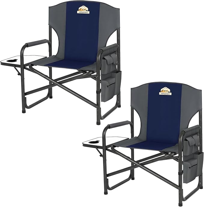 Oversized Directors Camping Chair Set of 2 Support 600 LBS Heavy Duty Folding Outdoor Chairs with Detachable Side Pocket and Adjustable Side Table for Outside BeachLawnFishing (Blue)