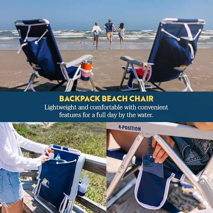 GCI Outdoor Backpack Beach Chair | Reclining Folding Chair with Durable Armrests Drink Holder &amp Carry Straps Perfect for Beach Trips &amp Picnics — Nautical Blue