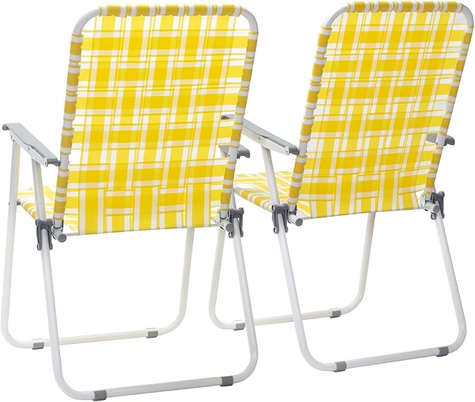 Set of 2 Folding Patio Lawn Chairs Modern Yellow PP Braided Beach Chairs High Back Seat Portable Camping Chairs for Yard Garden Beach Fishing
