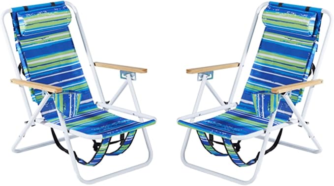 Beach Chairs for Adults 2 PackPortable Folding Backpack Beach Chair with Headrest Cup Holder and Wooden ArmrestsCup Holder for Outdoor/Lawn/PicnicFoldable Camping Chair (Blue Stripes-2Set)