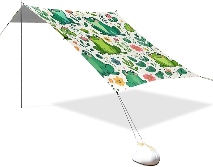 Seamless Pattern Cartoon Frog and Plant Camping Sun Shelter Beach Tent Portable Beach Sun Shade Outdoor Canopy for Camping Trips Fishing Picnic