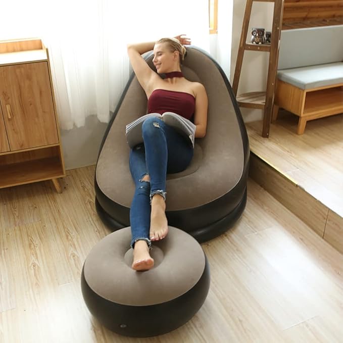 STARBRILLIANT Inflatable Living Room Furniture Chair with Stool for Resting Feet Indoor Foldable Deck Chaise Lounges with Air Pump Travel Camping Picnic Beach Chair(Brown)
