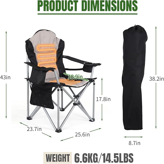 Heated Outdoor Chairs Heated Camp Chair Camping Chairs Heated Folding Chair with Removable Cushion Battery Pack Fully Padded for Outdoor Comfort with Cup Holder (2-Pack)