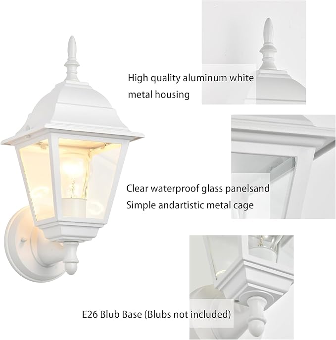 Outdoor Wall Lantern 2 Pack White Waterproof Porch Light with Clear Glass Weather-Resistant Aluminum Sconce for Garage Patio Garden Front Door E26 Bulb (Bulbs Not Included)