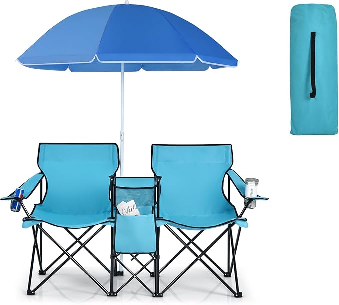 Double Camping Chair 2-Person Portable Beach Chair w/Removable Umbrella Cup Holders &amp Carrying Bag Folding Loveseat Chairs for Adults Outdoor Picnic (Turquoise)